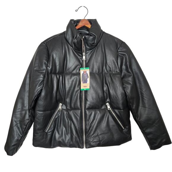 New Levi Strauss Faux Leather Short Puffer Zip up Black Women's Jacket Size XL - Picture 5 of 11
